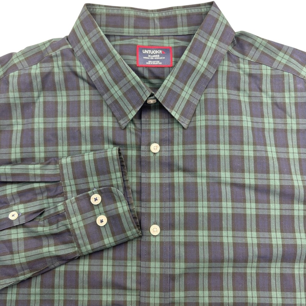 UNTUCKit Shirt Mens XL Green Navy Plaid Long Sleeve Wrinkle Free Button Front